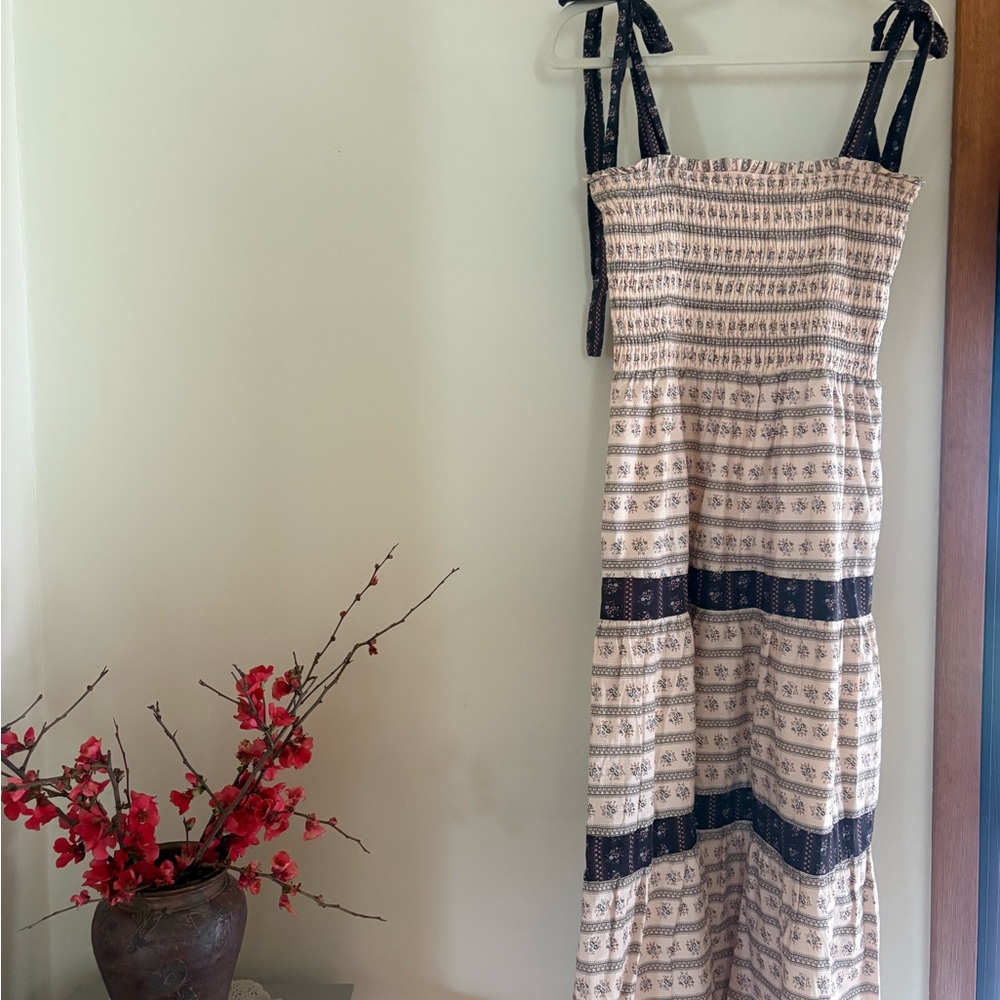 Neuflora Smocked Cream Maxi Dress with Navy Printed Tiers and Tie Straps